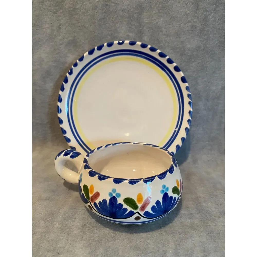 Hand Painted Cup and Saucer Spanish Blue White Rivas on‎ Bottom Spain